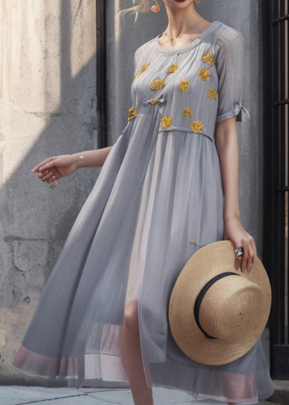 Art Grey Print Silk Long Dresses Summer
