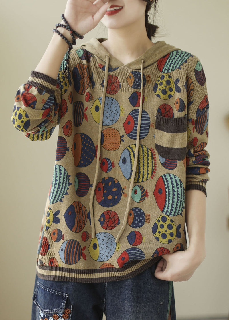 Art Khaki Hooded Print Knit Sweatshirt Winter