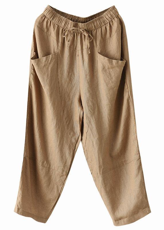 Art White Stripes Tie Waist Pockets Summer Harem Pants Linen
