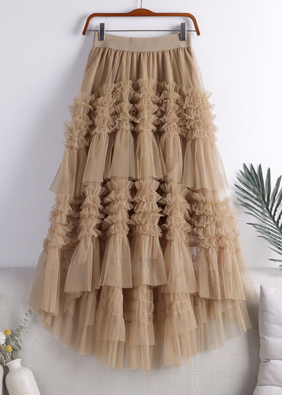 Art Khaki Low High Design Tulle Skirt Spring