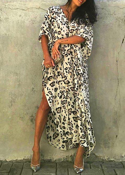 Art Leopard Tie Waist Cotton Dress Summer Beach Gown