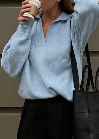 Art Light Blue V Neck Patchwork Cotton Knitted Sweaters Tops Fall