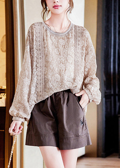 Art Light Coffee O-neck Embroideried Chiffon Top and Slip Two Piece Set Long Sleeve