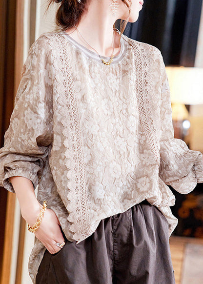 Art Light Coffee O-neck Embroideried Chiffon Top and Slip Two Piece Set Long Sleeve