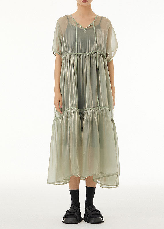 Art Light Green Oversized Lace Up Tulle Dress Sets 2 Pieces Summer