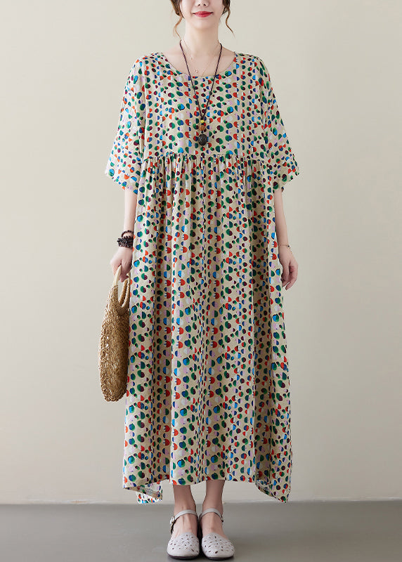Art Light Khaki O-neck Dot Print Pockets Long Dresses Summer
