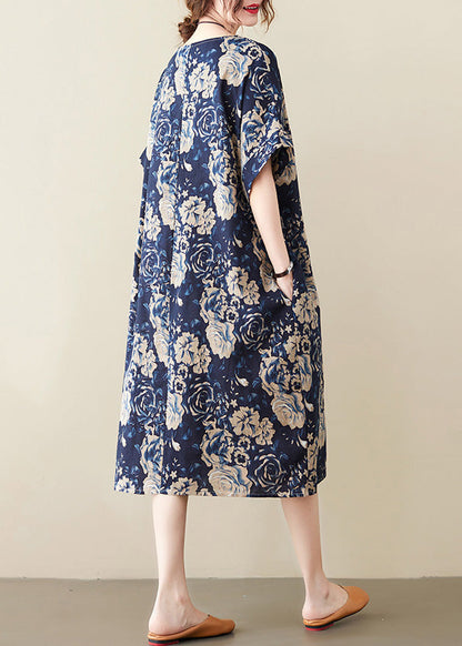 Art Navy Blue O-neck Print Maxi Dress Short Sleeve