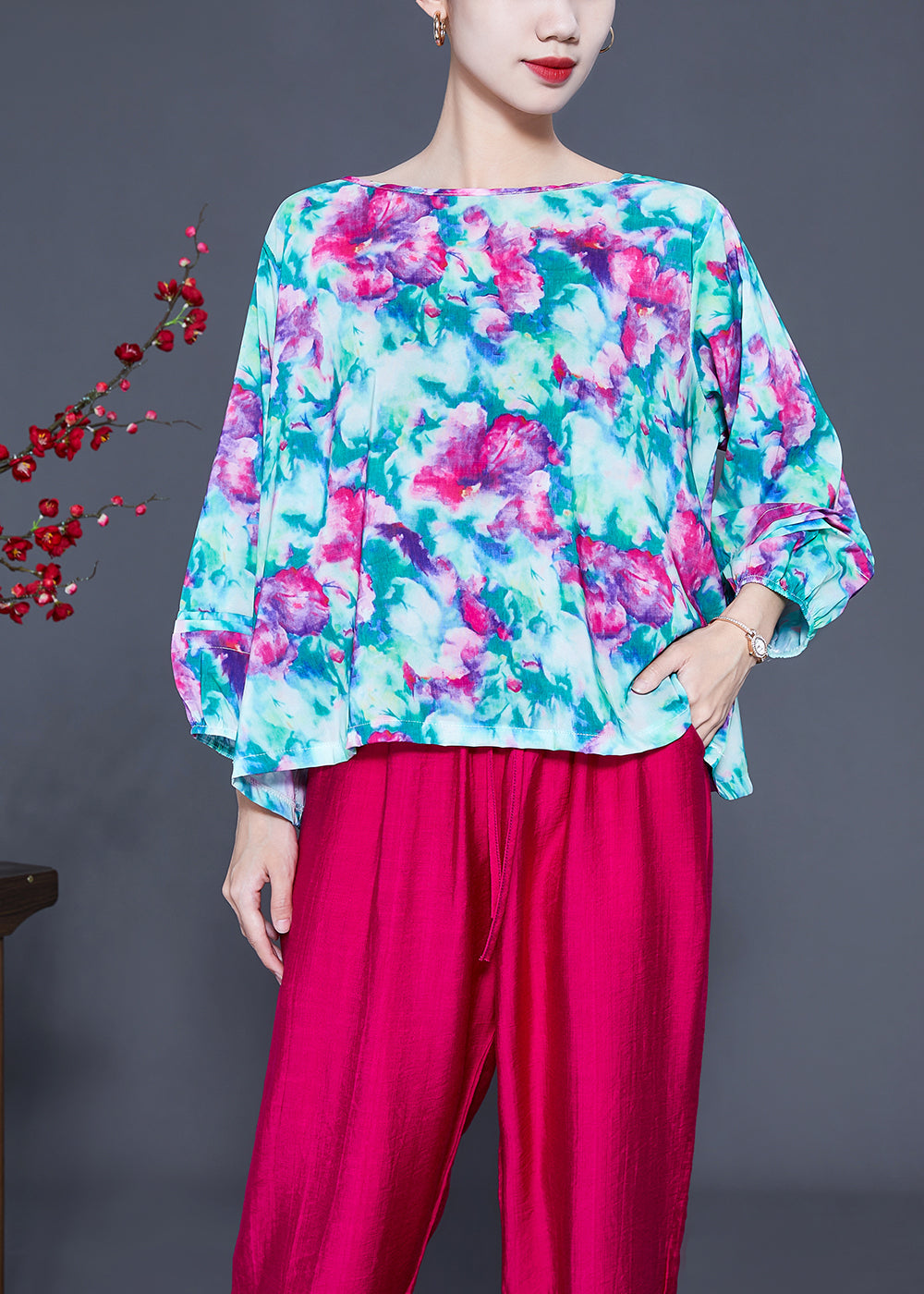 Art O-neck Oversized Print Tops and Pants Two Pieces Set Batwing Sleeve