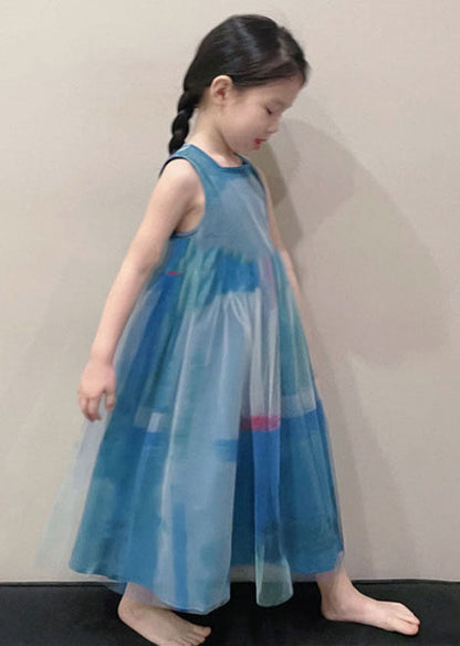 Art Peacock Blue O Neck Wrinkled Patchwork Tulle Kids Long Dress Sleeveless