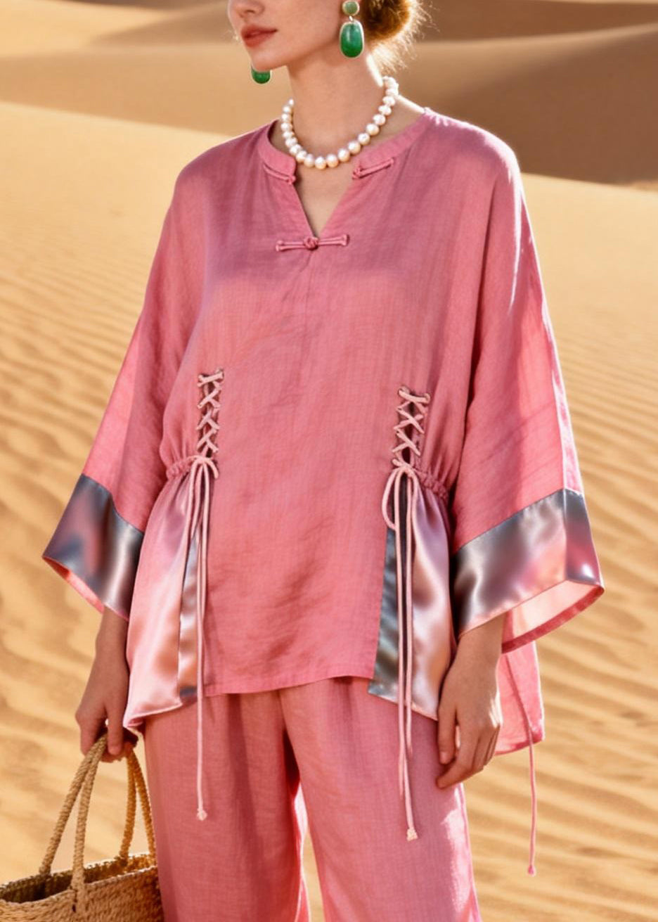 Art Pink Button Cinched Silk Patchwork Two Pieces Set Spring