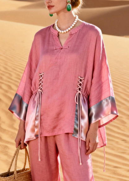 Art Pink Button Cinched Silk Patchwork Two Pieces Set Spring