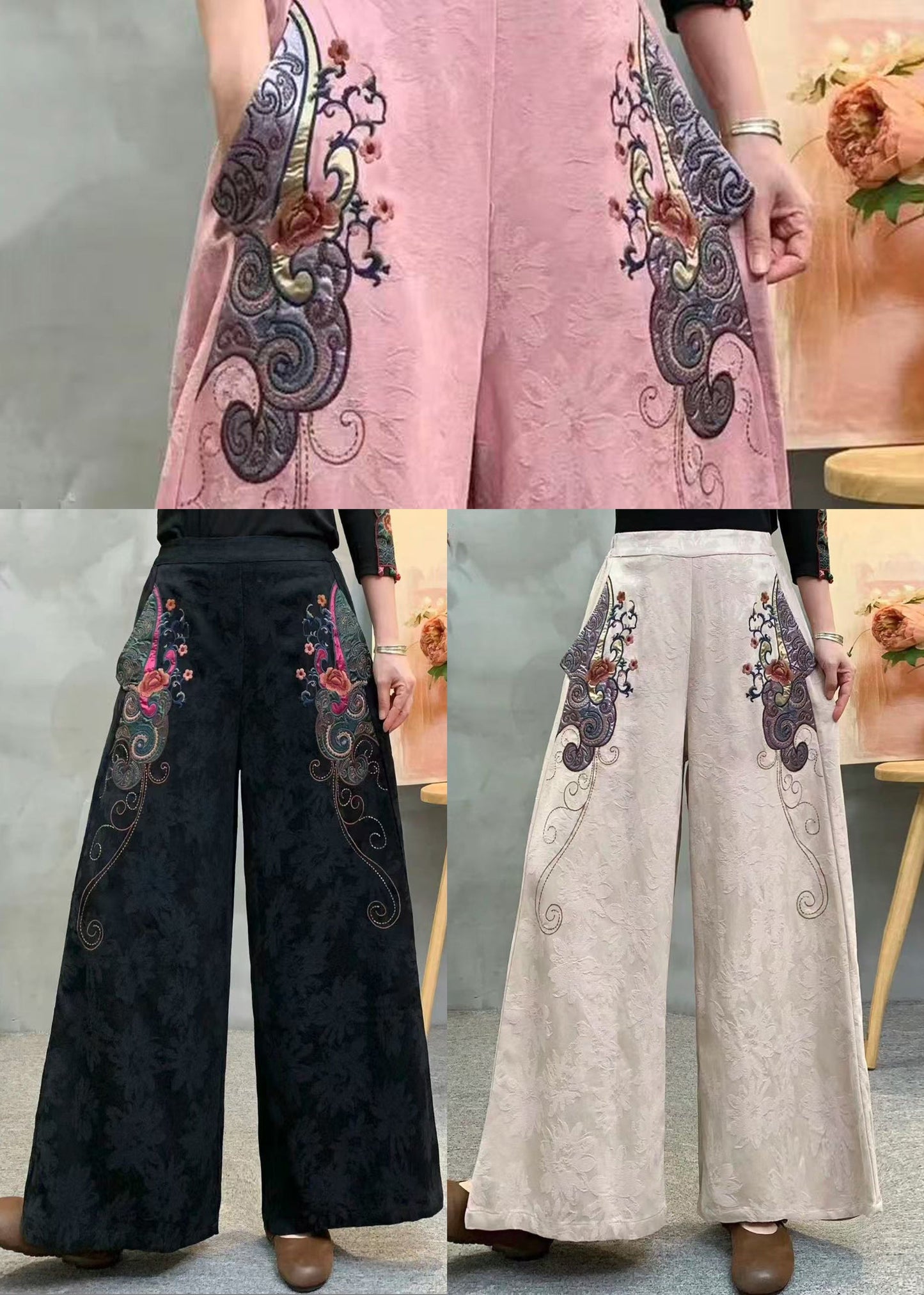 Art Pink Embroidered Jacquard Cotton Straight Pants Spring