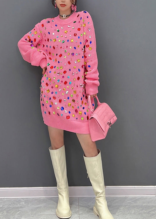 Art Pink O-neck Bright Diamond Knit Mid Dress Winter