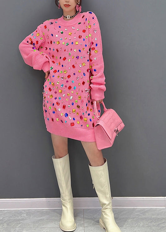 Art Pink O-neck Bright Diamond Knit Mid Dress Winter