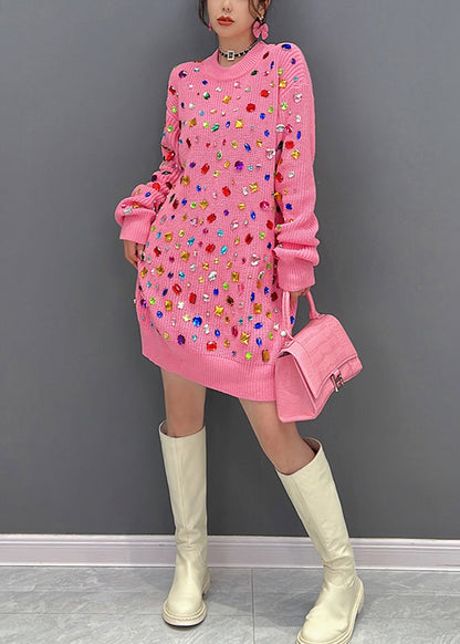 Art Pink O-neck Bright Diamond Knit Mid Dress Winter