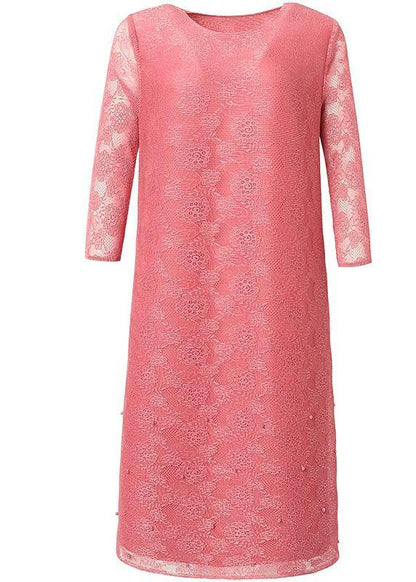 Art Pink O-neck Long Sleeve Maxi Summer Lace Dress