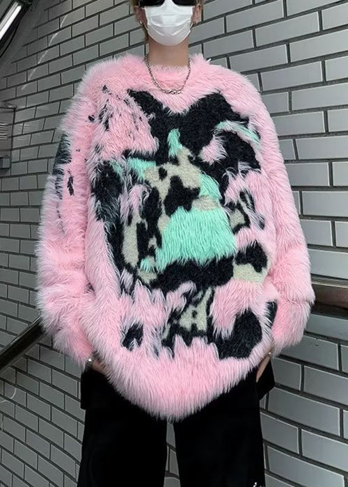 Art Pink O Neck Patchwork Mink Velvet Sweaters Winter