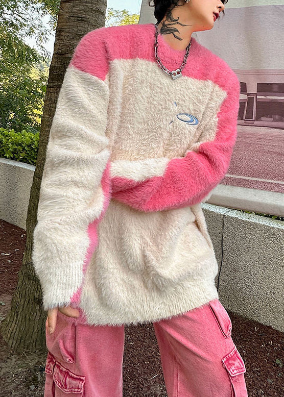 Art Pink O Neck Thick Patchwork Ma Hai Mao Sweaters Winter