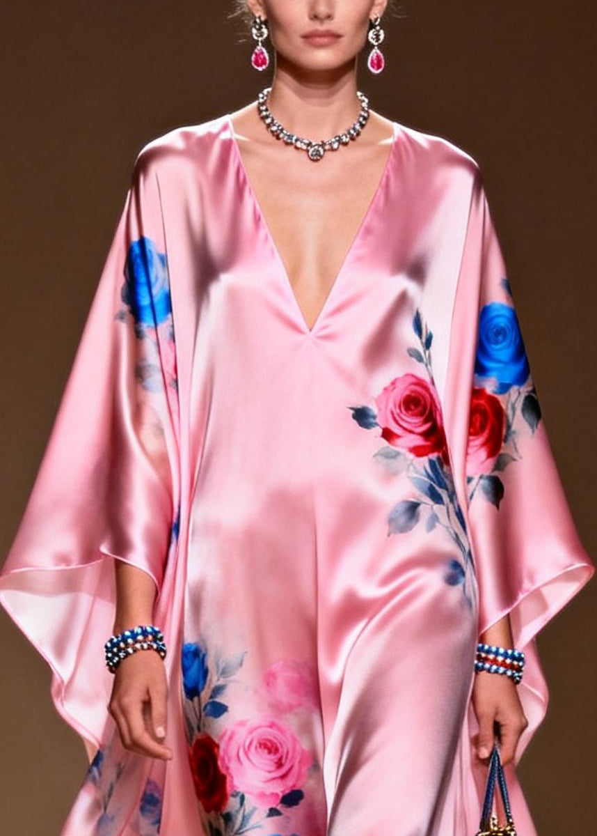 Art Pink Oversized Print Silk Party Dress Summer