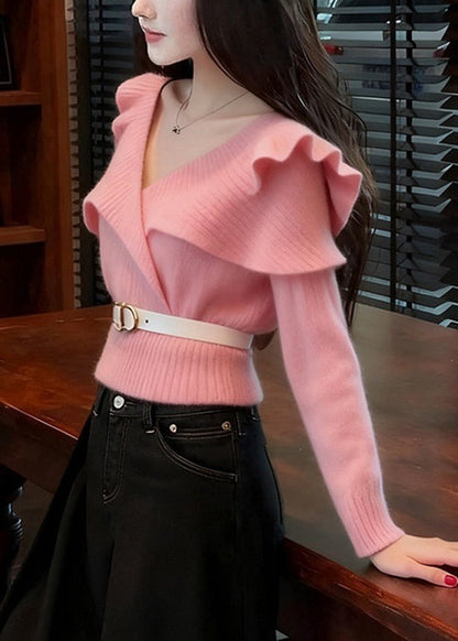 Art Pink V Neck Ruffled Knit Sweater Spring