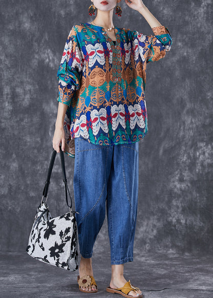 Art Print Oversized Rivet Cotton Shirts and Denim Pants Two Pieces Set Summer