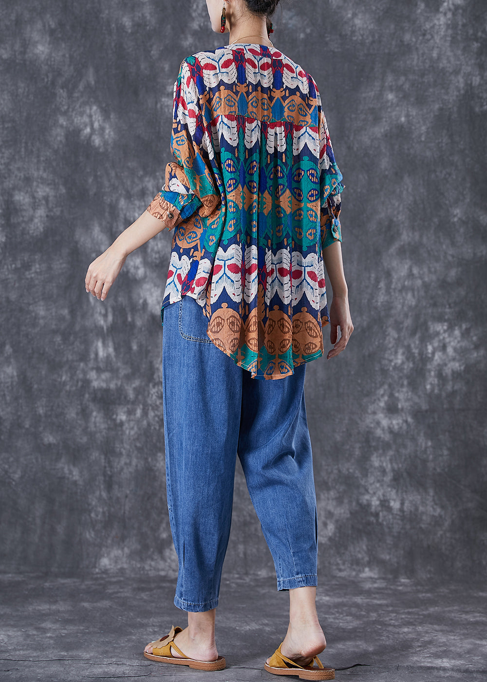 Art Print Oversized Rivet Cotton Shirts and Denim Pants Two Pieces Set Summer