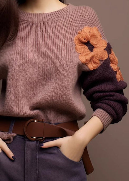 Art Purple O-neck Cozy Patchwork Knit Sweaters Spring