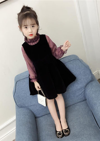 Art Purple Ruffled Patchwork Velour Baby Dress Two Pieces Set Fall
