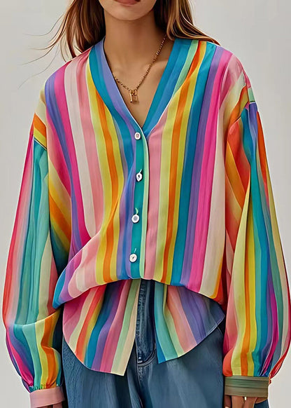 Art Rainbow V Neck Striped Linen Upf 50+ Top Summer