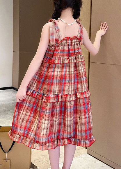 Art Red Plaid Ruffled Bow Patchwork Cotton Kids Dresses Summer