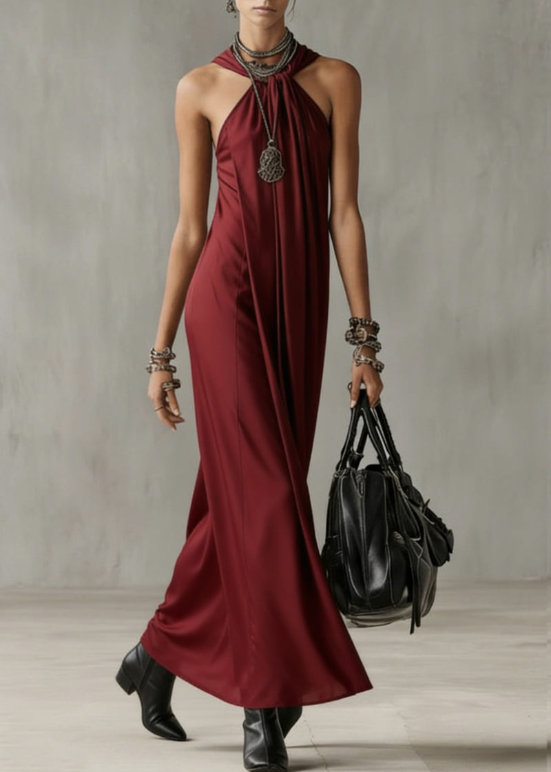 Art Red Wrinkled Cold Shoulder Long Dresses Summer