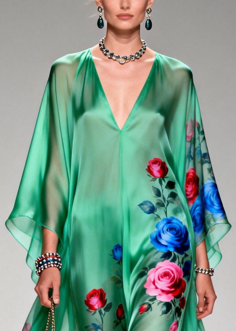 Art Tea Green Oversized Print Chiffon Long Dresses Summer