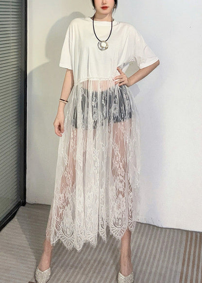 Art White Hollow Out Patchwork Lace Ankle Dress Summer