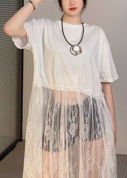 Art White Hollow Out Patchwork Lace Ankle Dress Summer