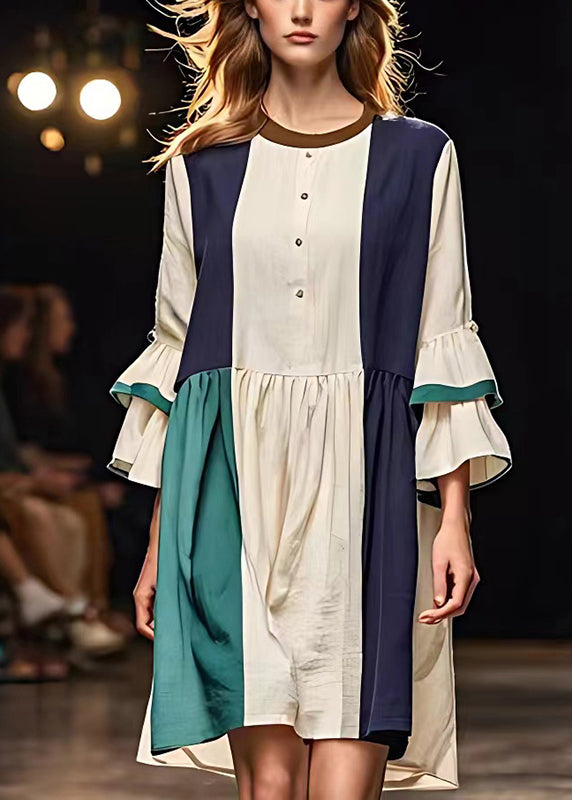 Art White O-neck Patchwork Linen Dress Flare Sleeve