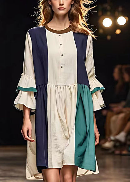 Art White O-neck Patchwork Linen Dress Flare Sleeve
