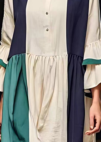 Art White O-neck Patchwork Linen Dress Flare Sleeve