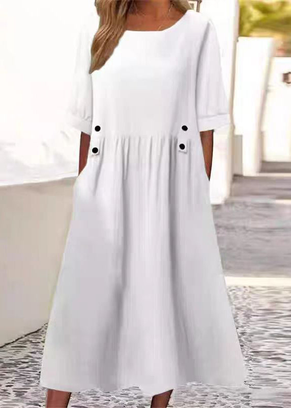 Art White O Neck Pockets Cotton Long Dress Summer