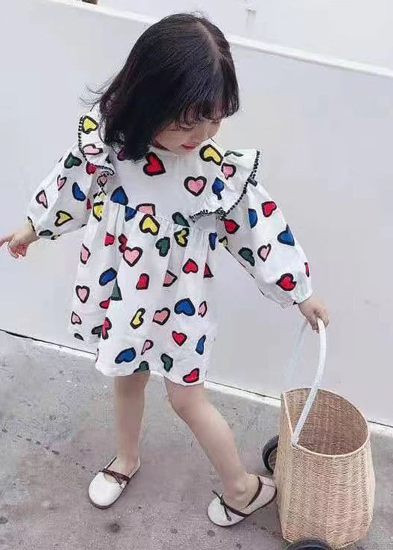 Art White O-neck Print Mid Dress Long Sleeve