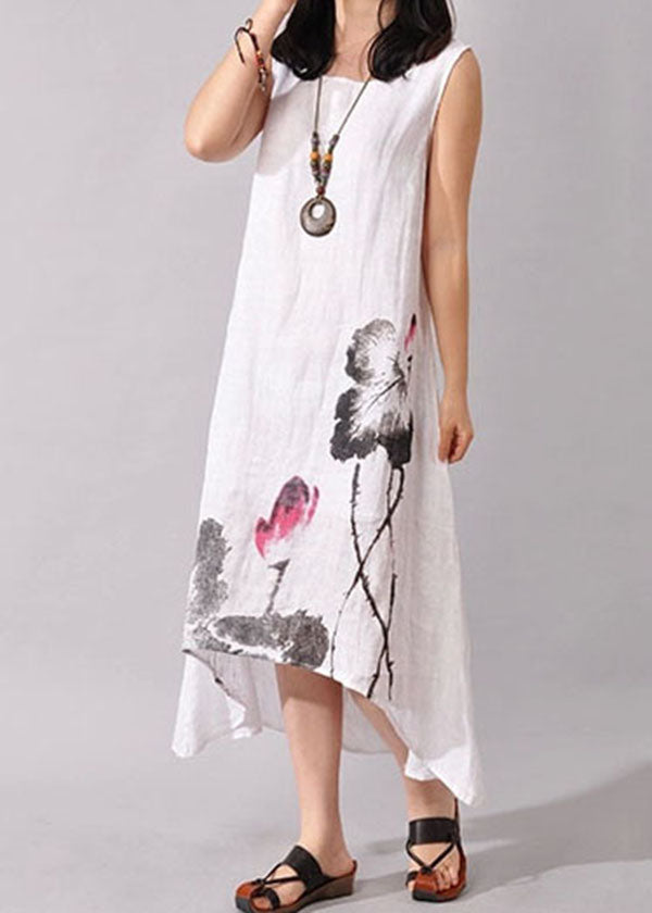 Art White O-neck Print Low High Design Cotton Dress Summer