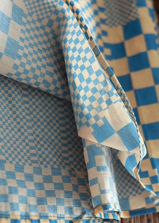 Art Yellow Blue Plaid Tie Waist Dress Summer Linen Dress