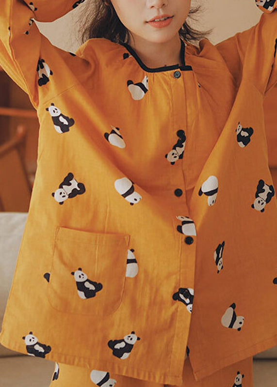 Art Yellow O-neck Animal Print Pockets Cotton Two Pieces Set Long Sleeve