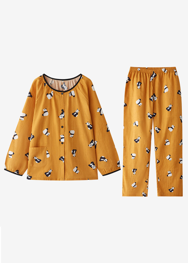 Art Yellow O-neck Animal Print Pockets Cotton Two Pieces Set Long Sleeve