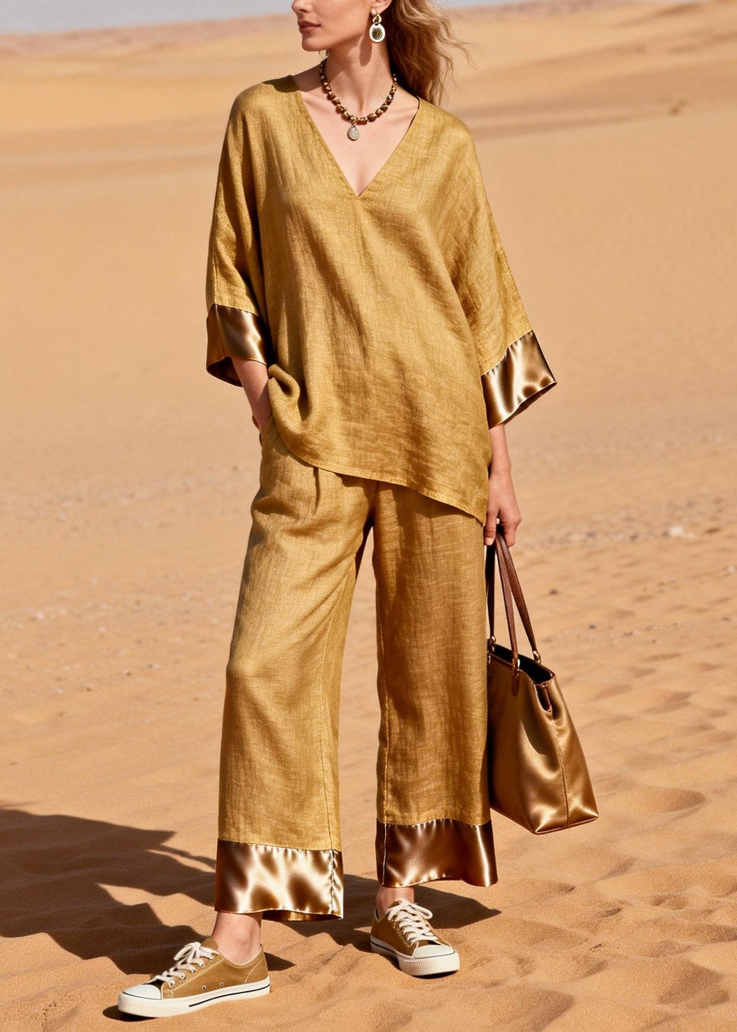 Art Yellow Oversized Patchwork Linen Two Pieces Set Spring