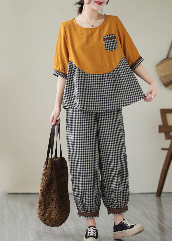 Art Yellow Oversized Patchwork Plaid Cotton Two Piece Set Clothing Summer