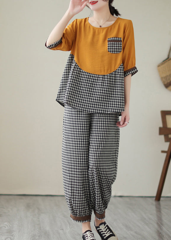Art Yellow Oversized Patchwork Plaid Cotton Two Piece Set Clothing Summer