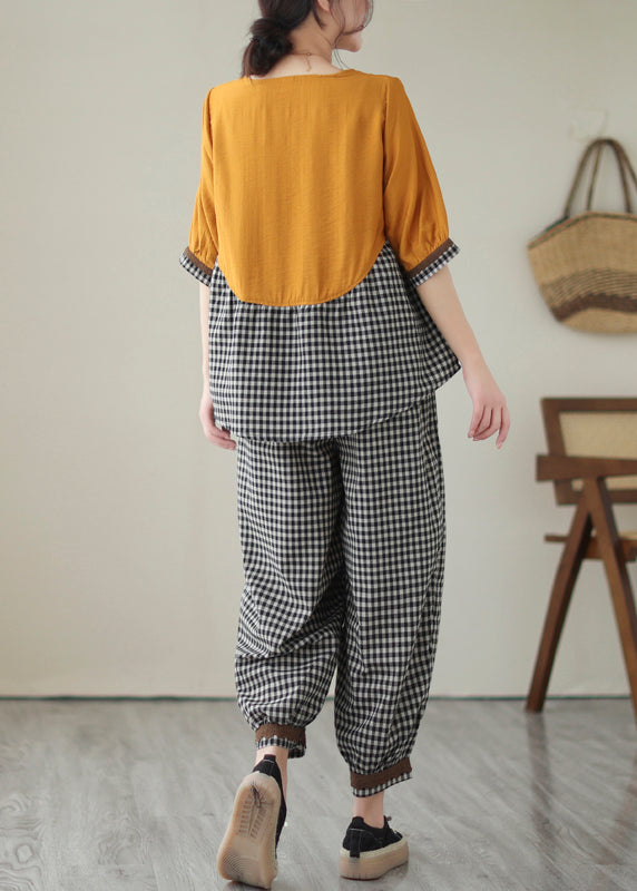 Art Yellow Oversized Patchwork Plaid Cotton Two Piece Set Clothing Summer