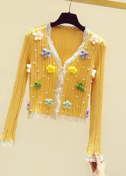 Art Yellow V Neck Lace Patchwork Nail Bead Knit Sweater Fall