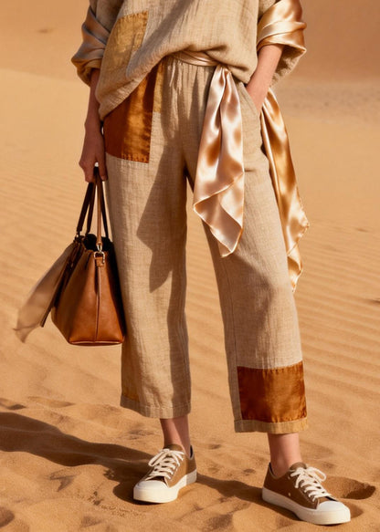 Asymmetrical Silk Patchwork T Shirt and Crop Pants Linen Two Piece Set V Neck Spring