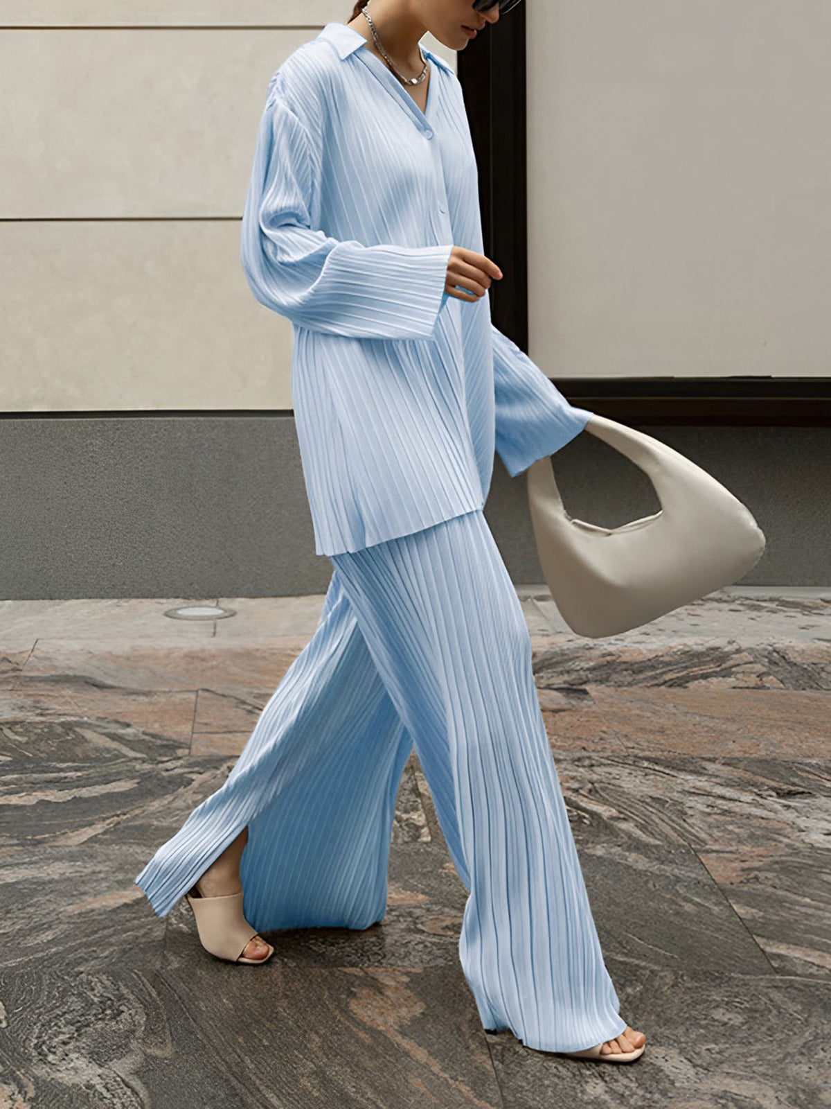 CD | Bluză plisată elegantă și elegantă și set de pantaloni pentru femei